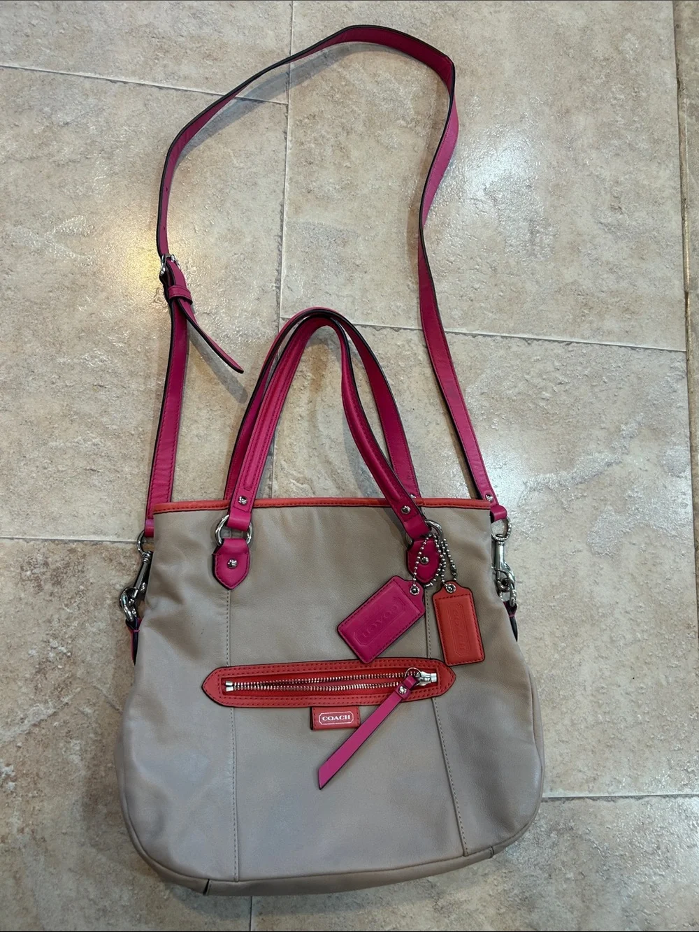 Coach Taupe Bag with Pink and Orange Trim Shoulder Crossbody